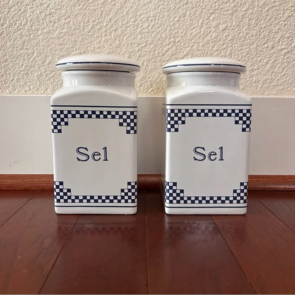 Vintage French Lustucru Style Sel (salt) Canisters Blue White Ceramic Set 2